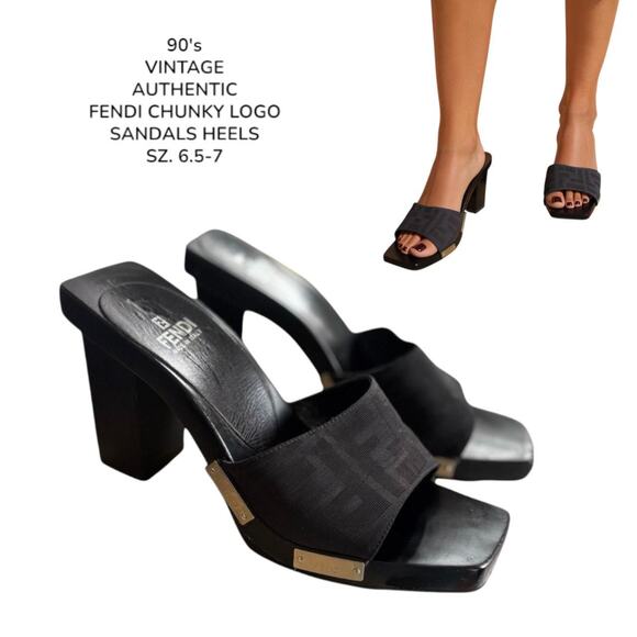 90's vintage Fendi‎ platform Logo chunky sandals heels sz. 6 1/2-7. - Picture 1 of 8